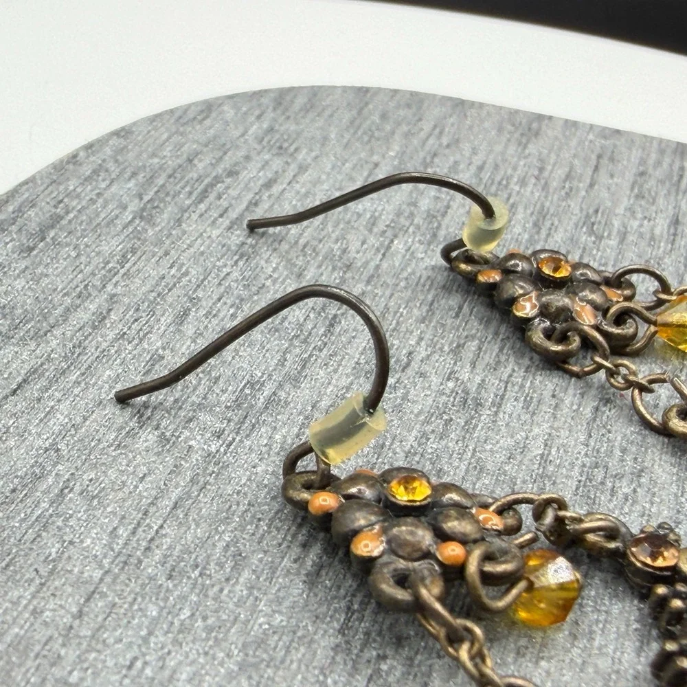 Bronze & Amber Tone Bead Chandelier Earrings Boho Floral Statement Pierced Drop